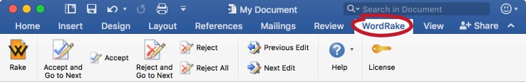 Mac MS Word ribbon with WordRake tab circled