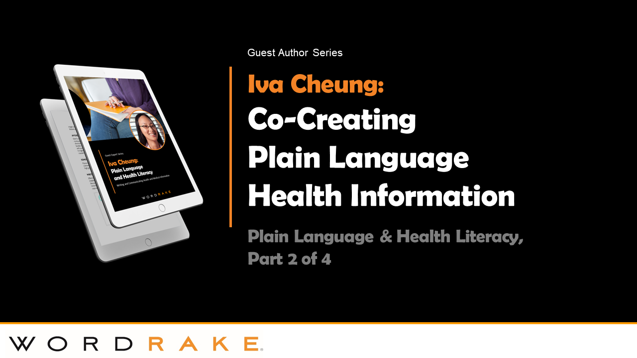 A headshot of the author, Iva Cheung, appears on the screen of a white tablet floating in front of a black background. A second floating white tablet hidden behind the first shows some text, suggesting a typed article. White, orange, and gray text to the right reads: 