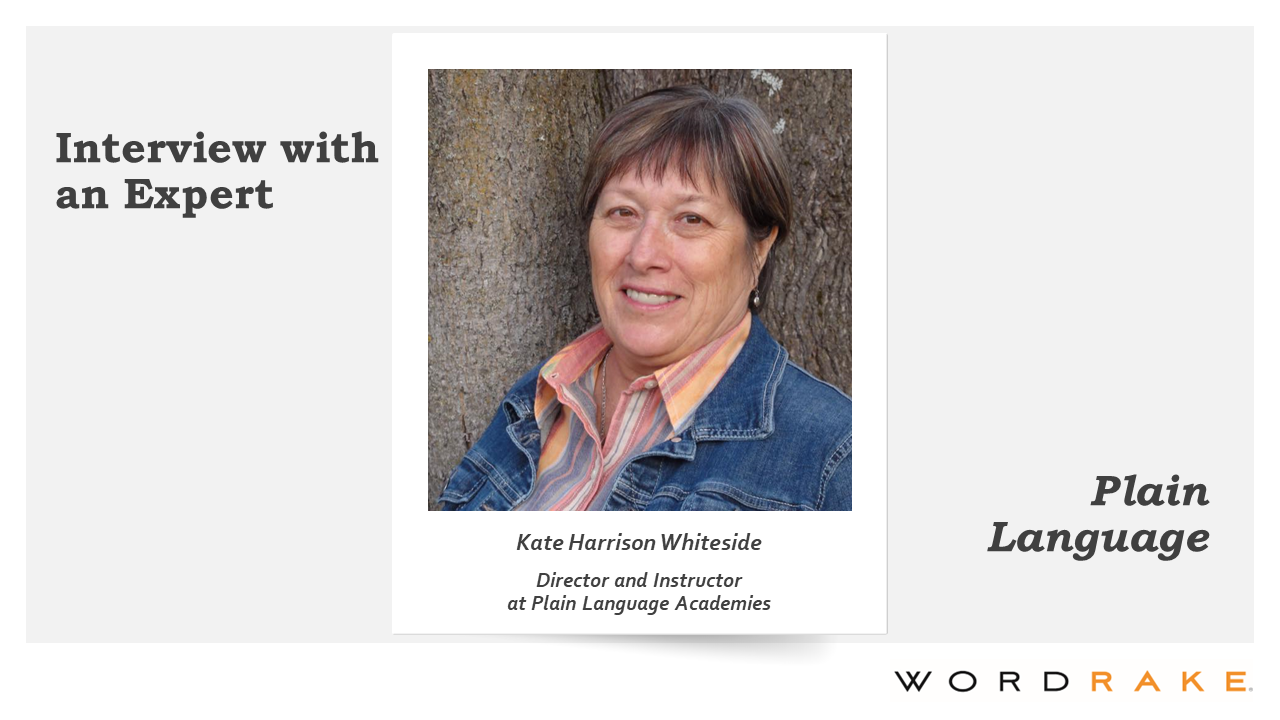 Plain Language Expert Kate Harrison Whiteside, a light skinned woman with short hair, on polaroid style background.