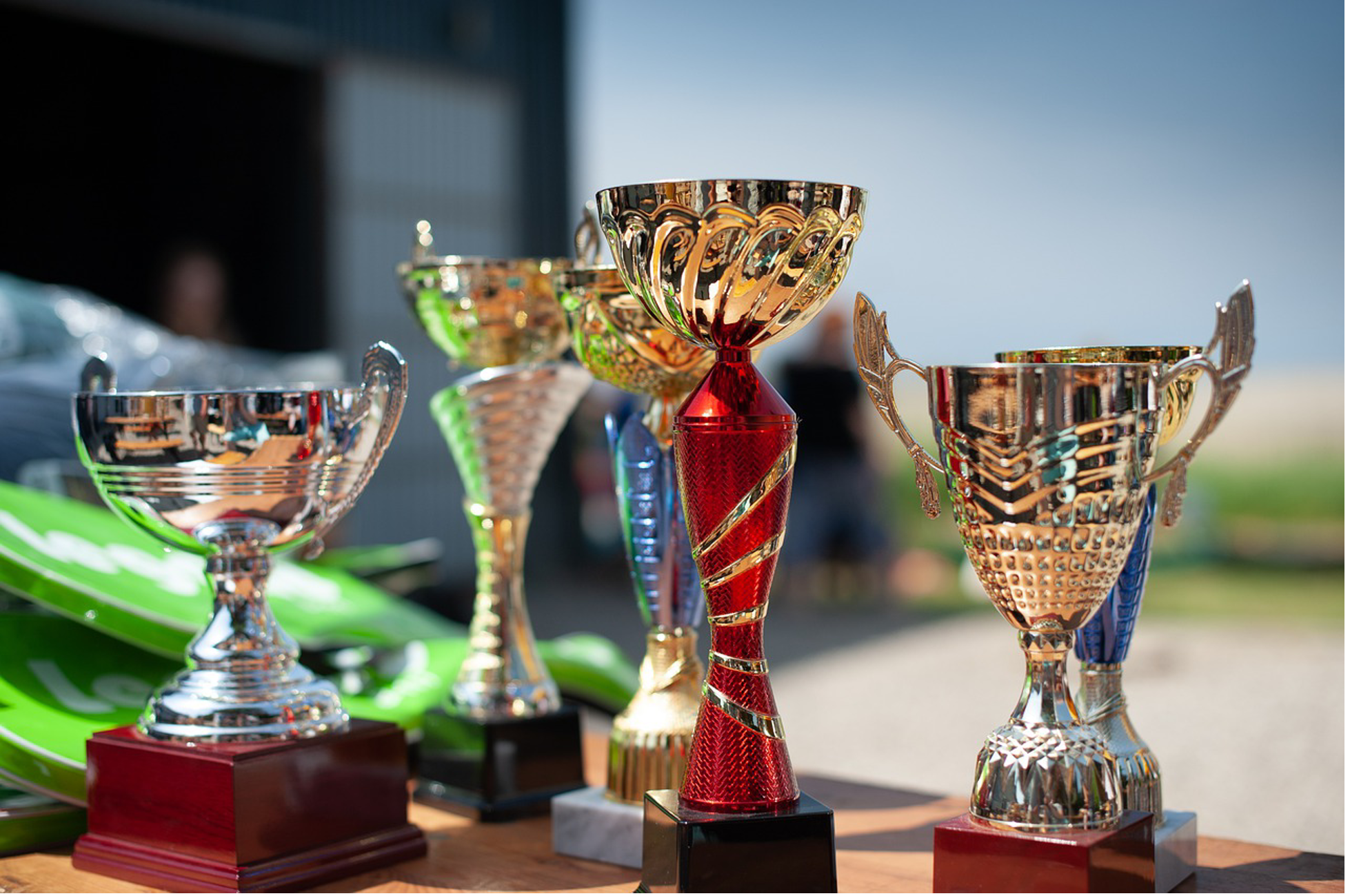 trophies on a table