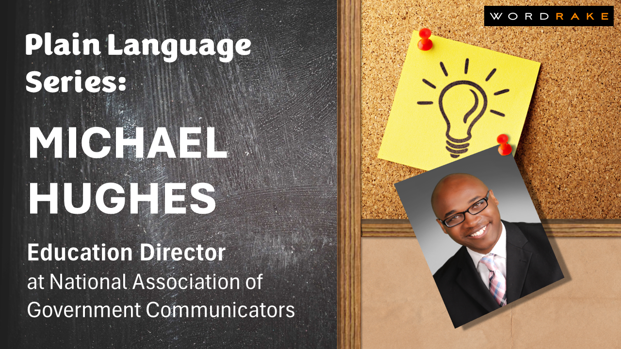 Bulletin board and blackboard with a picture of Michael Hughes, a smiling bald Black man with glasses and a business suit.