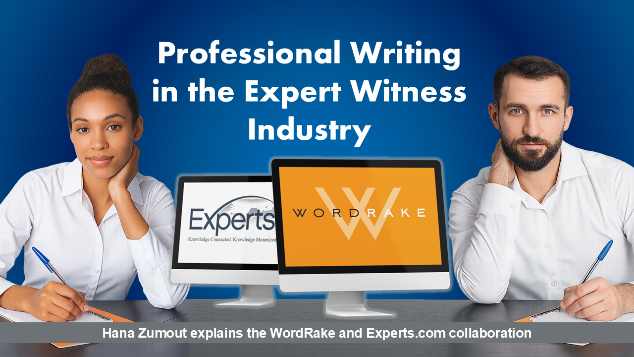 Two business professionals sit at desk with their computers showing Experts.com and WordRake logos