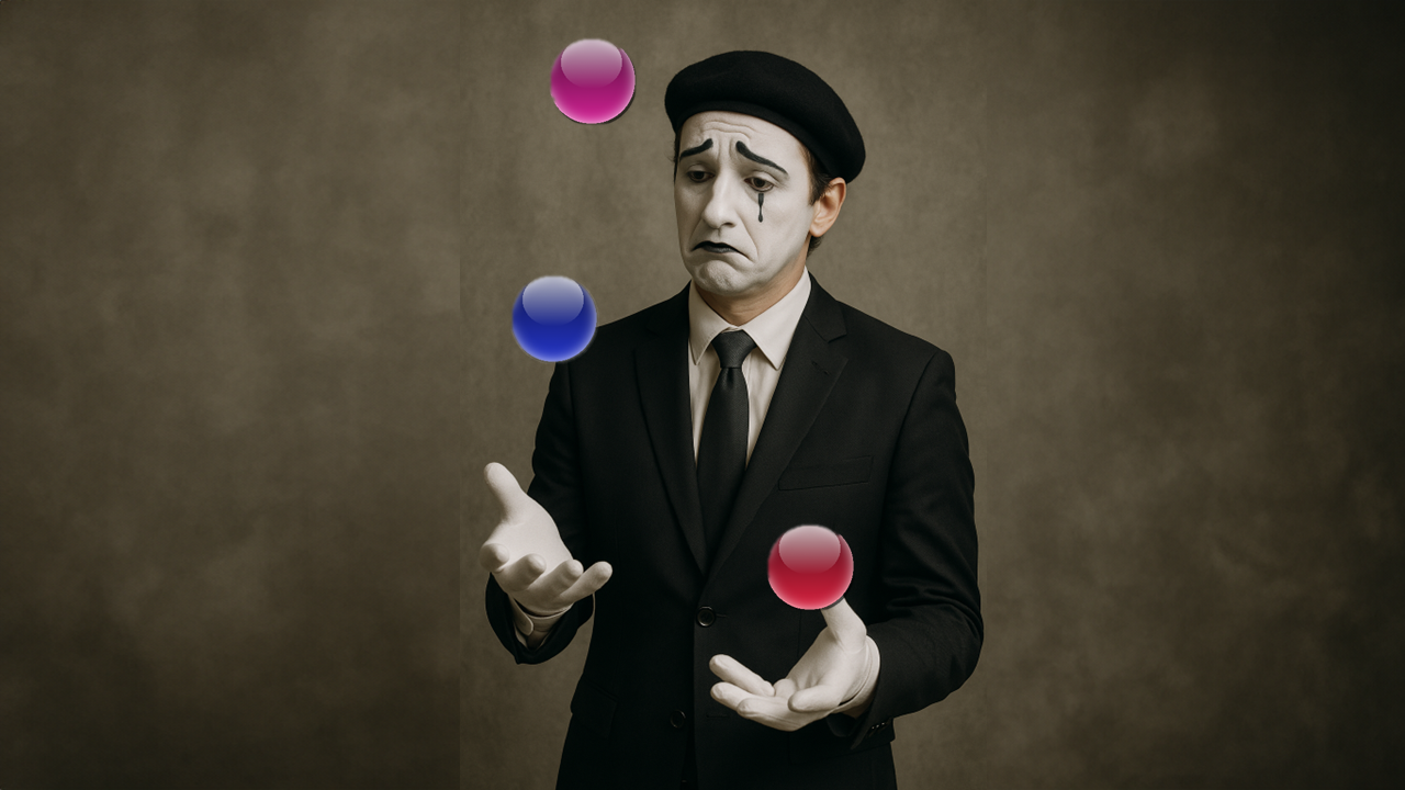 Sad mime juggling