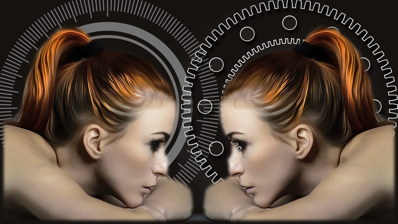 Red-headed twin women looking at each other with gears behind their heads symbolizing technology and duplication