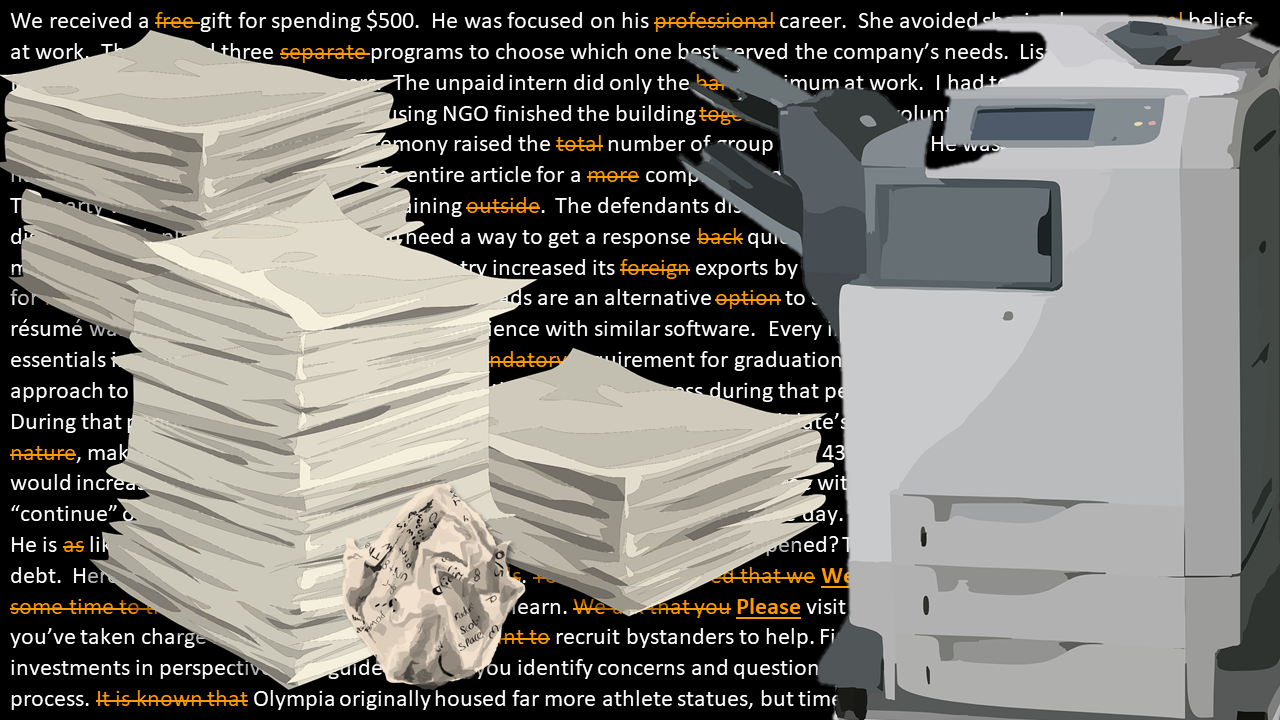 Image of photocopier and stacks of paper symbolizing extra words and wasted pages